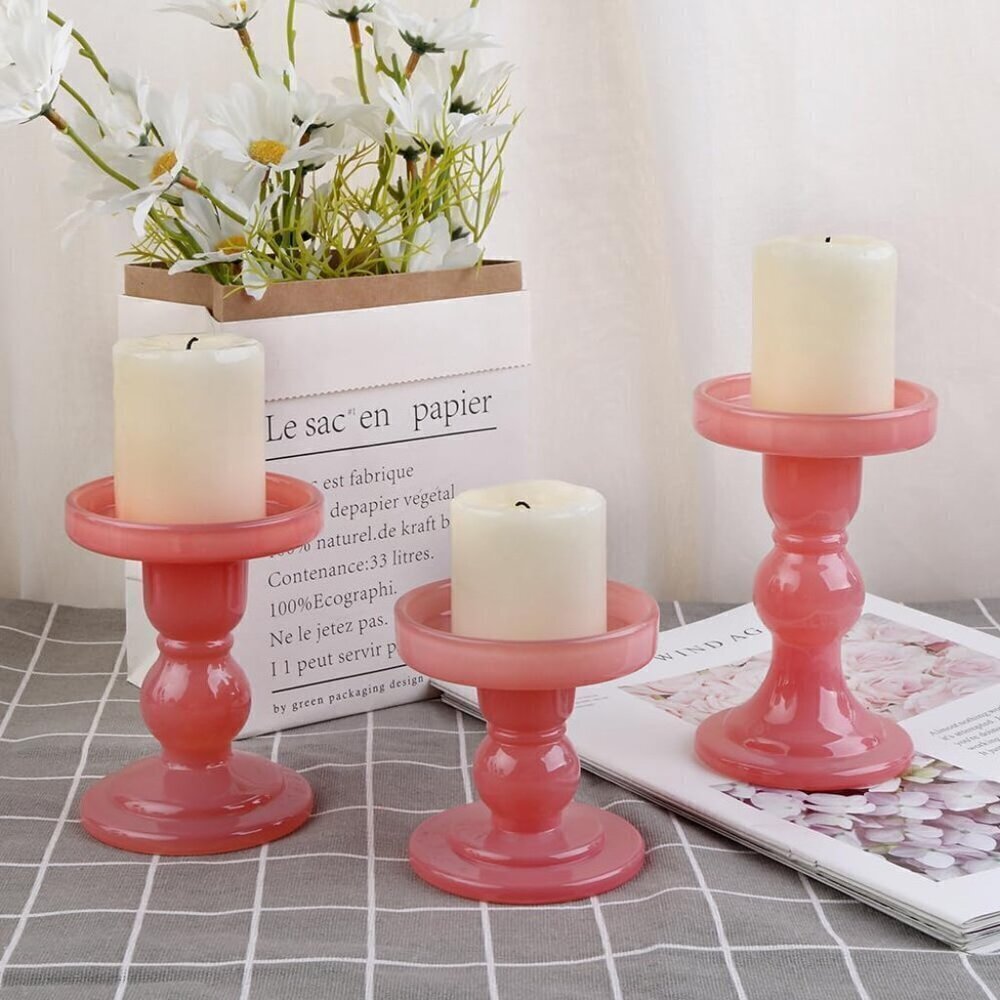 3-Piece Set of Glass Candlestick, Crystal Candlestick Holder (PINK) / Brand new